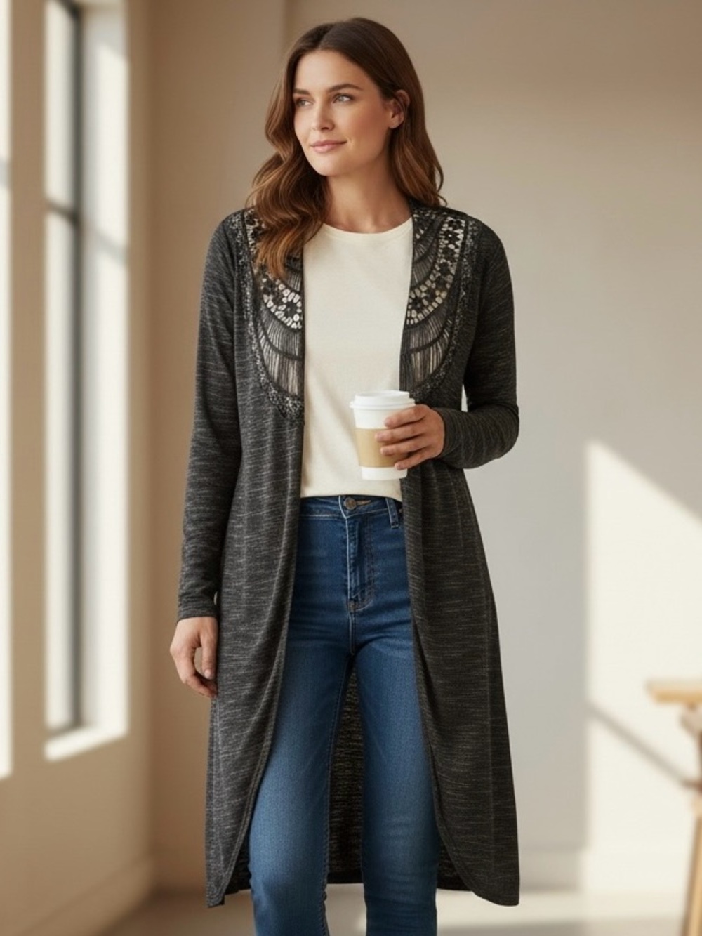 Ambiance Long Charcoal Embroidered Open-Front Cardigan